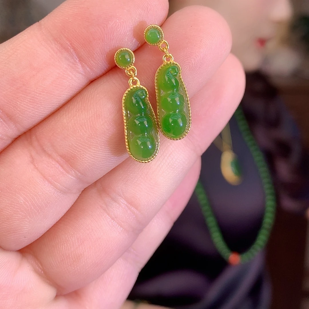 吊坠(不含链)银S925镶嵌和田玉（碧玉）耳饰