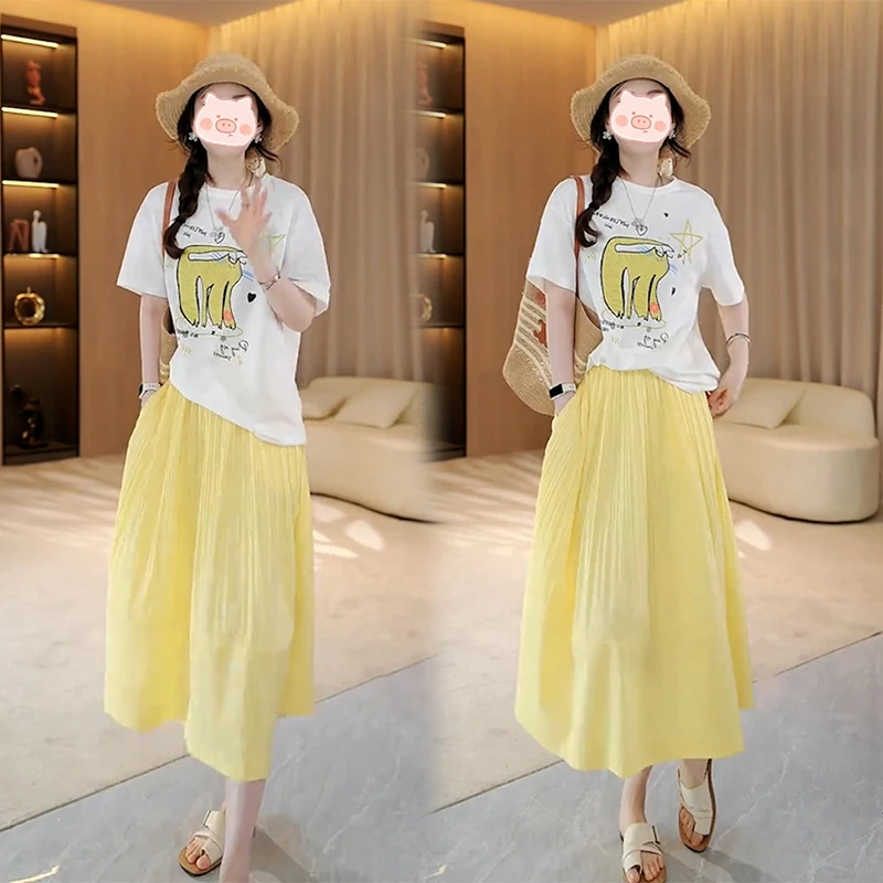 高级感洋气减龄短袖T恤女夏季爆款法式气质上衣半身裙两件套装裙