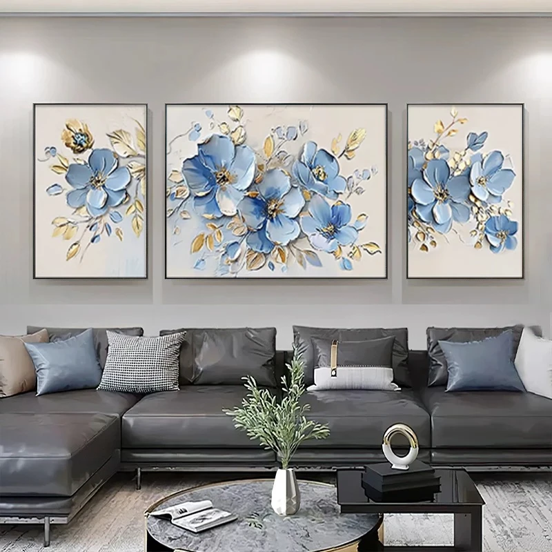 《悠然》花开富贵客厅沙发背景墙装饰画蓝色花卉三联组合挂画肌理