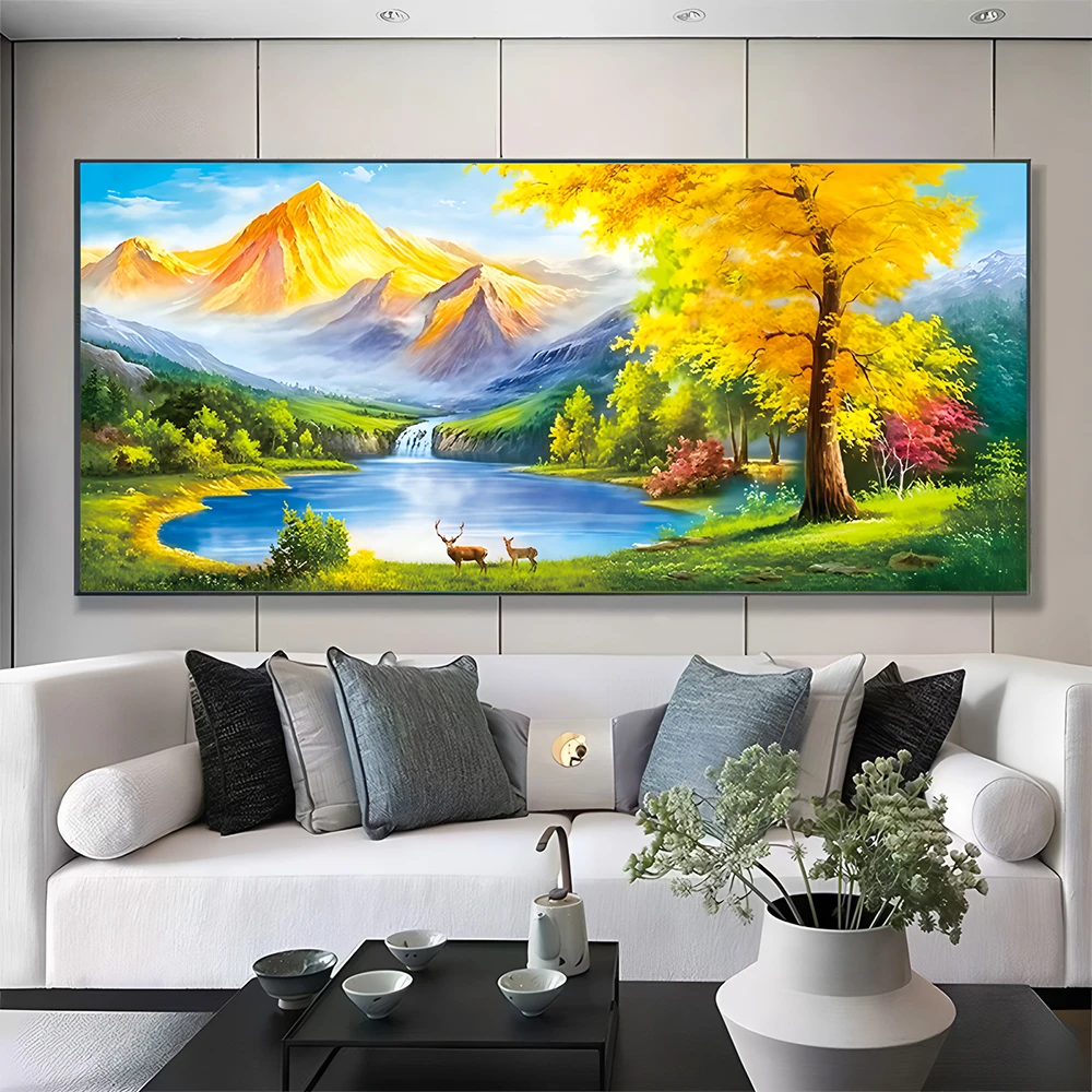 背靠金山挂画装饰画横版沙发客厅聚宝盆靠山风景高档简约晶瓷挂画