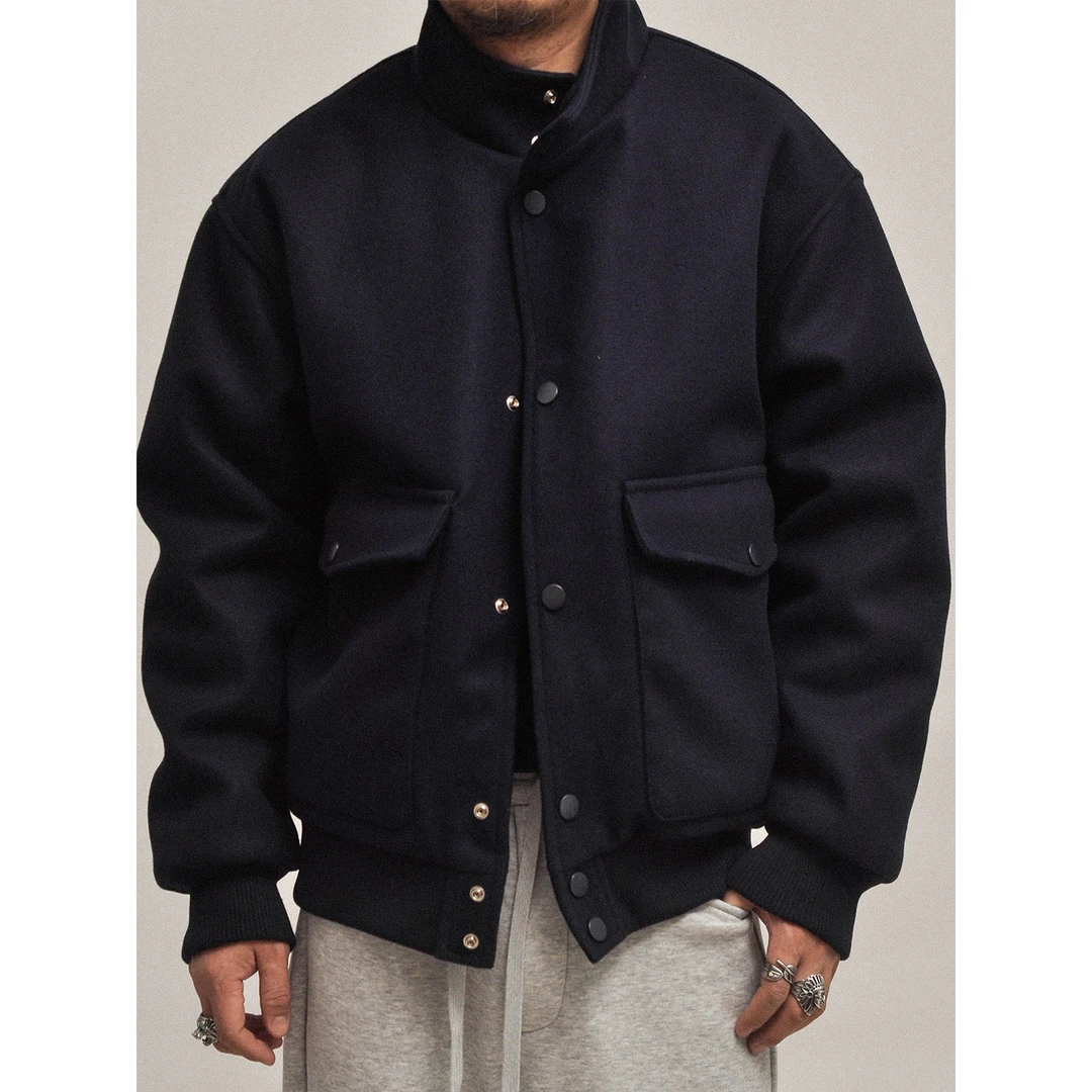 Old School！秋冬慵懒风！冬季立领大口袋保暖毛呢棒球棉服外套潮