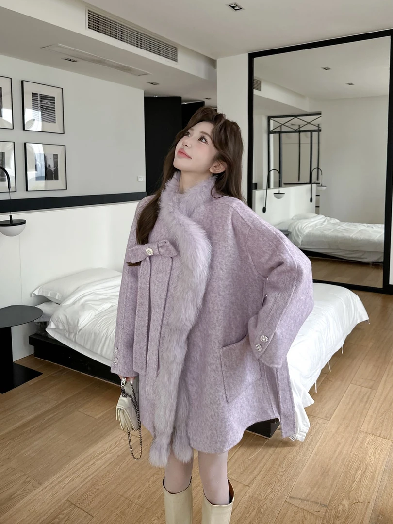 好物分享【雪国千金】2025冬季新款狐狸毛羊毛双面呢大衣蝴蝶结