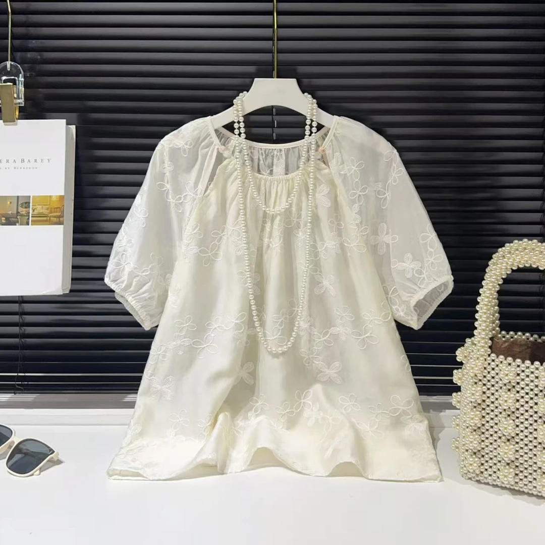 重工刺绣！M胸112长57提花刺绣露肩设计感套头短袖衬衫上衣 1495