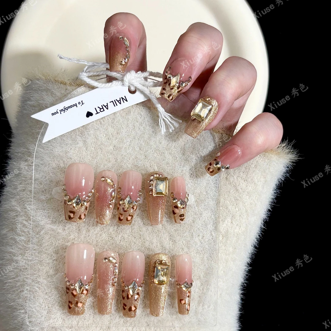 【落日金沙】秀色裸色显白纸醉金迷美甲气质豹纹带钻猫眼手工穿戴甲