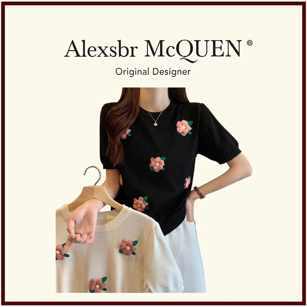 6265显瘦夏季小众宽松圆领刺绣针织韩版设计感休闲百搭短袖