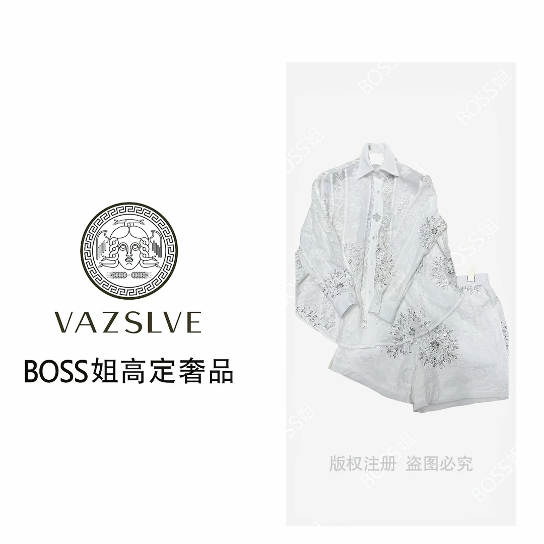 【BOOS姐奢品】进口重工钉珠刺绣蕾丝拼接白色衬衫短裤时尚套装女夏