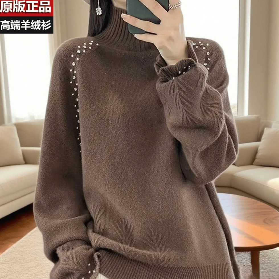 毛衣加厚纯色慵懒风半高领重工公主袖宽松打底衫秋冬羊绒衫钉珠女
