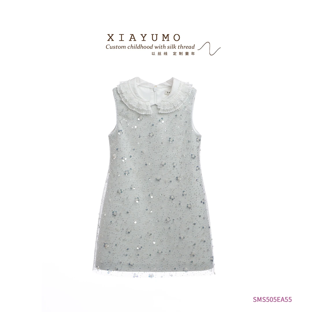 夏羽墨女童夏季新款银灰色亮片娃娃领公主裙气质无袖设计师轻礼服