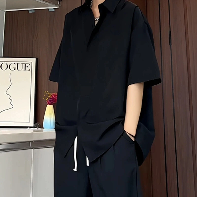 冰丝纯色大码短袖衬衫男夏季薄款简约休闲衬衣痞帅高级感黑色寸衫