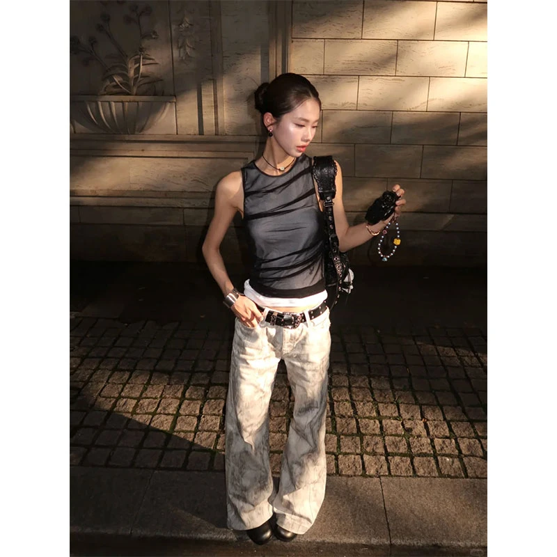 2025夏季新款ins美式辣妹纯欲风头层次网纱无袖上衣配高腰长裤女