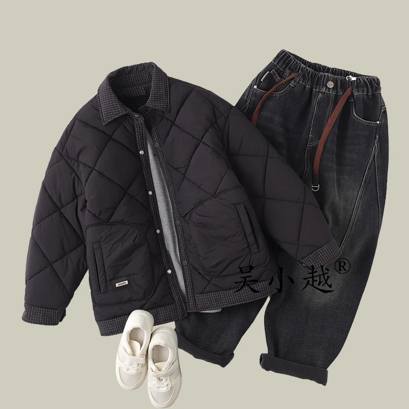 吴小越w1754男童假两件格子秋冬装加棉新款洋气儿童冬季加厚外套