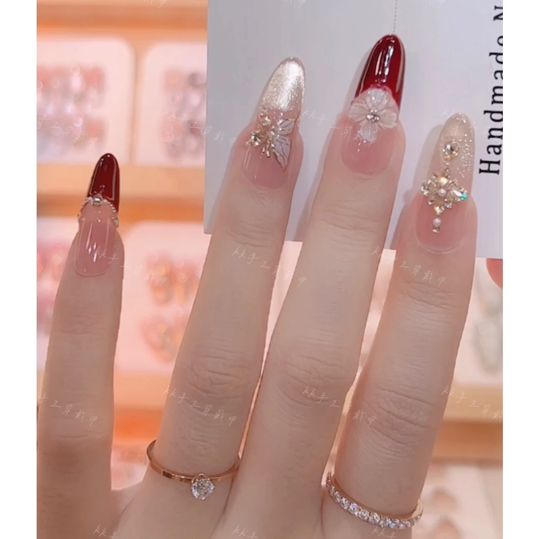 【紫砂点蝶】秋冬新款法式千金手工穿戴甲红色香槟锆石显白光疗美甲