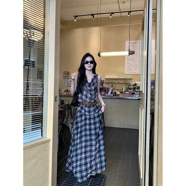 复古套装格子荡领吊带背心女夏季高腰半身裙大摆裙法式气质两件套