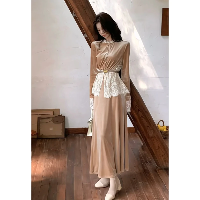 2025秋法式高级感修身拼接蕾丝长袖上衣气质高腰显瘦半身裙X11278