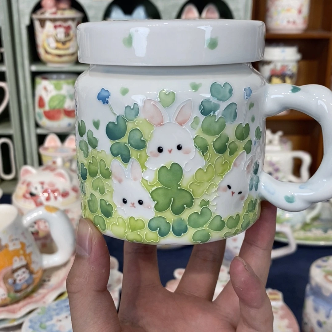 林***萌瓷片四叶草兔子马克杯