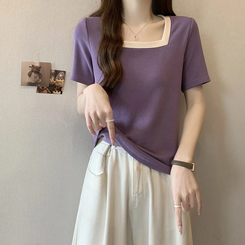 胖MM大码显瘦正肩T恤女短袖宽松方领撞色上衣遮肚子百搭夏季新款