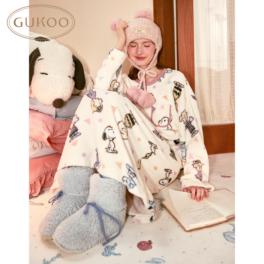 【Gukoo果壳】史努比睡裙卡通满印25年新款甜美牛奶绒家居服睡袍女