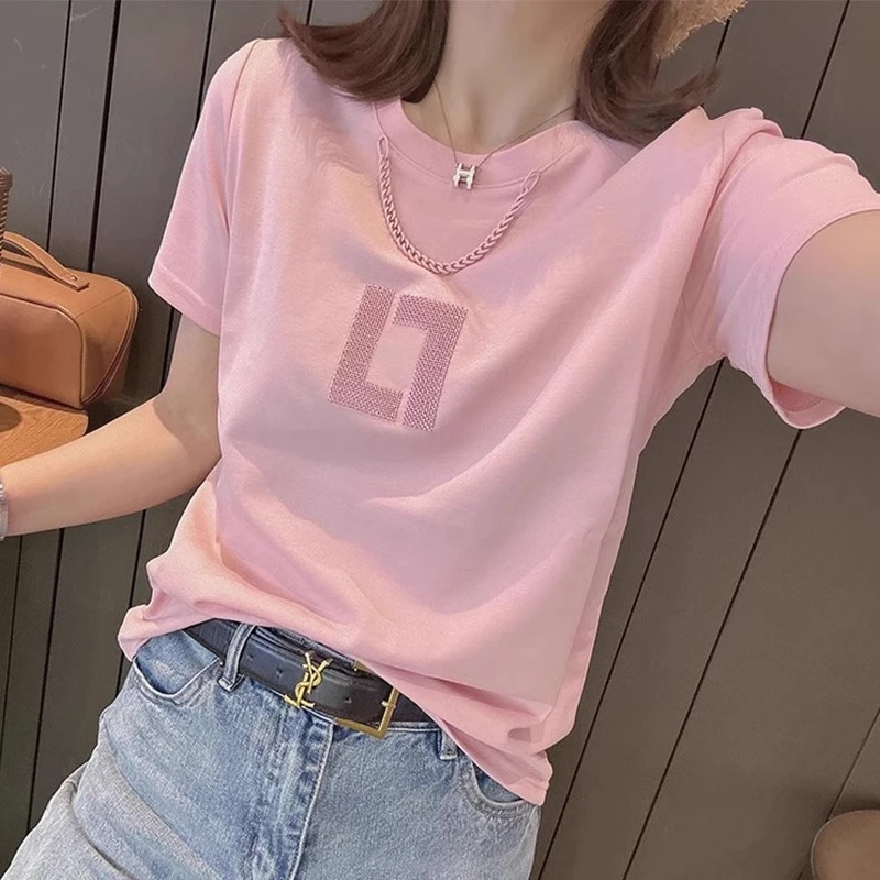 夏季2025年新款40支新款宽松刺绣项链上衣粉色短袖T恤女包肩包领