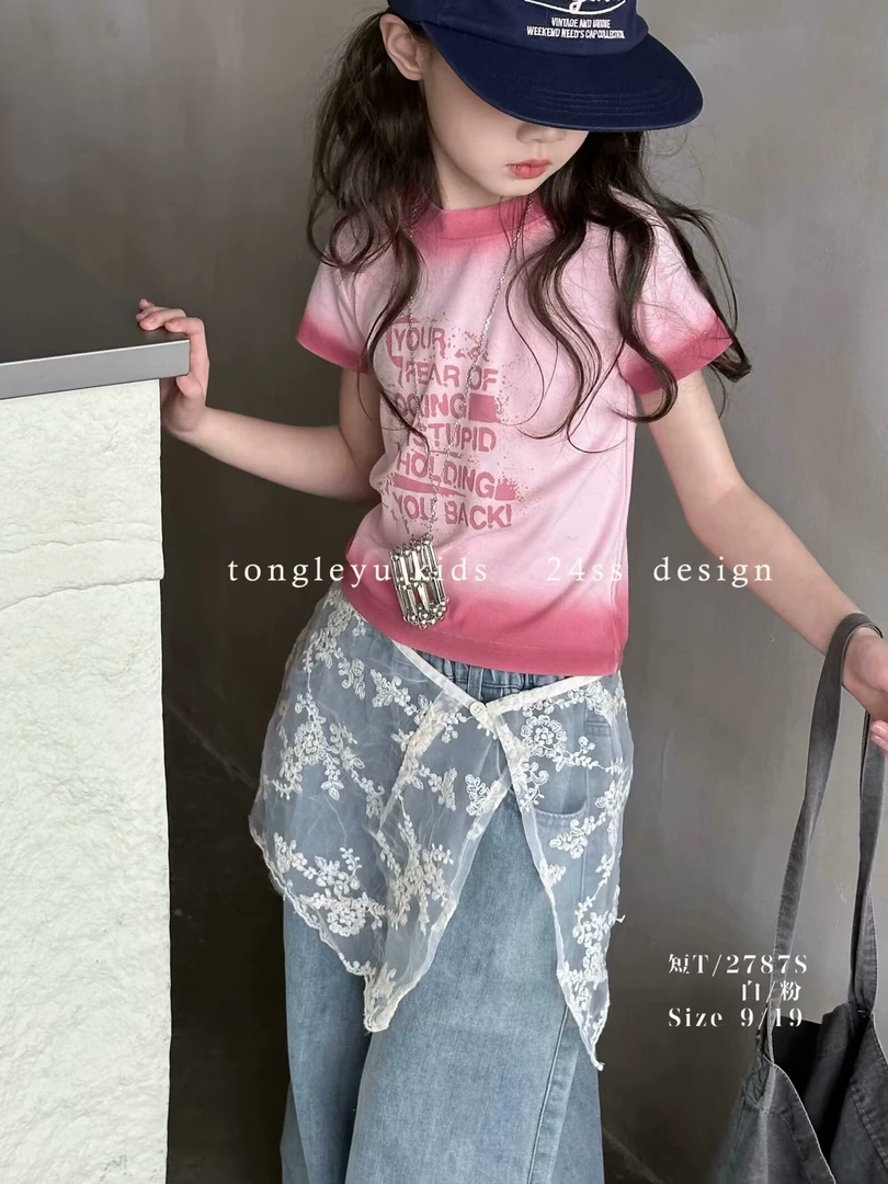 馨艺童品韩国货夏款粉色2787女童辣妹短体恤