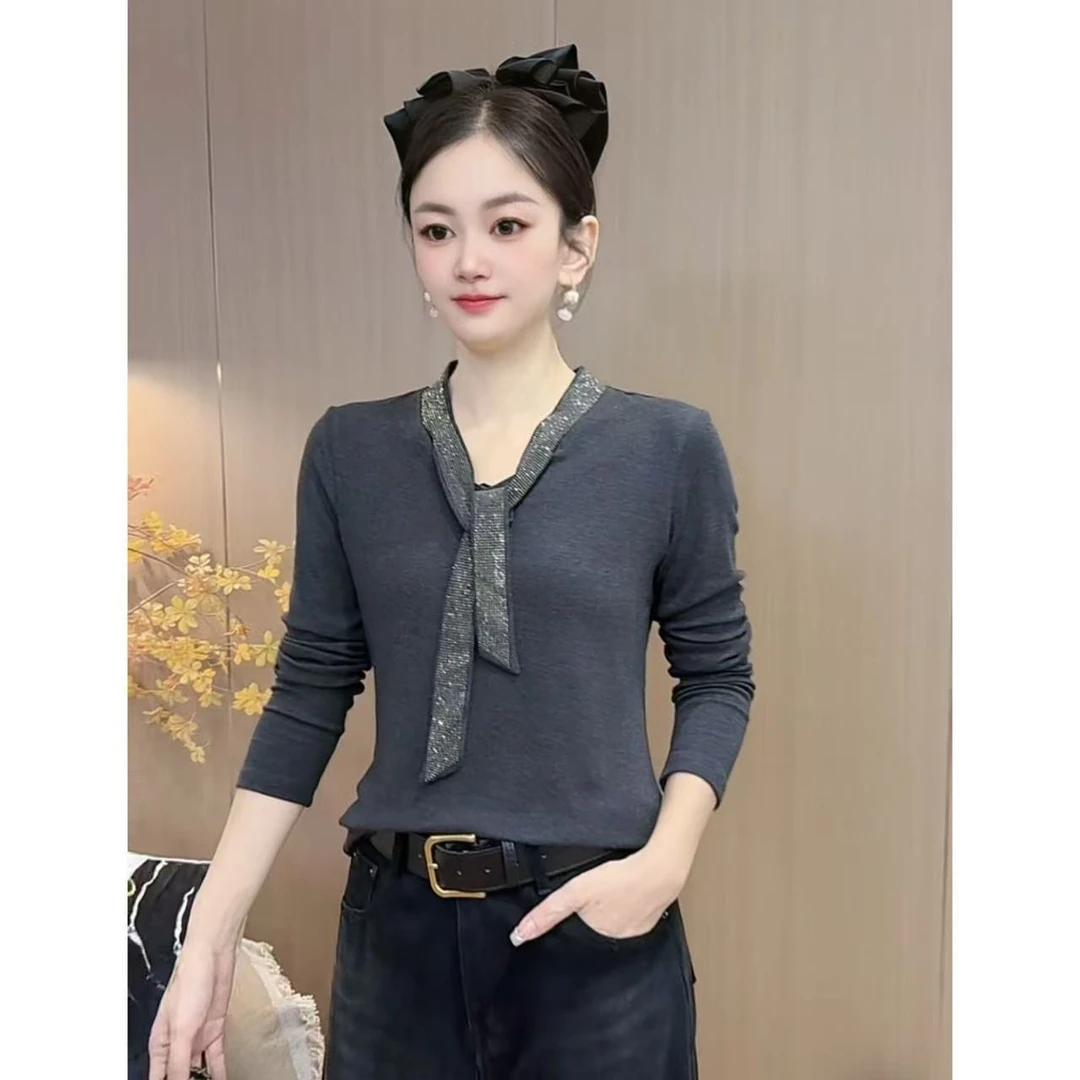 【9011】新品极简气质烫钻飘带优雅修身上衣