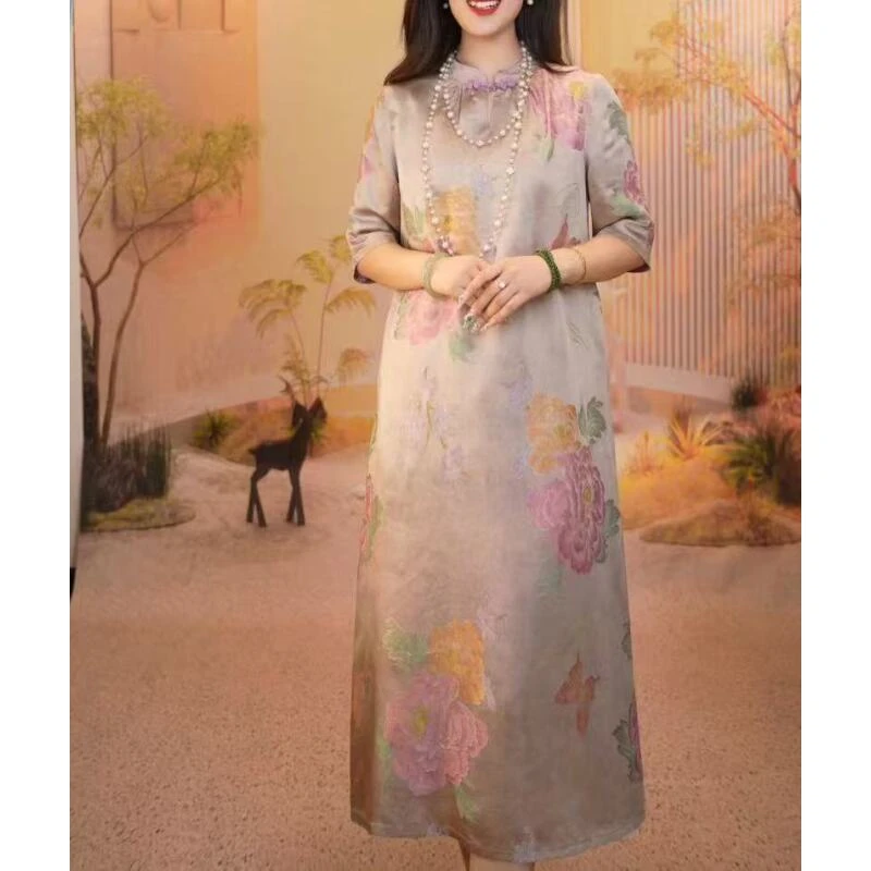 鎏彩｜牡丹夏季新款新中式女装中长款连衣裙2024B508—洁哥