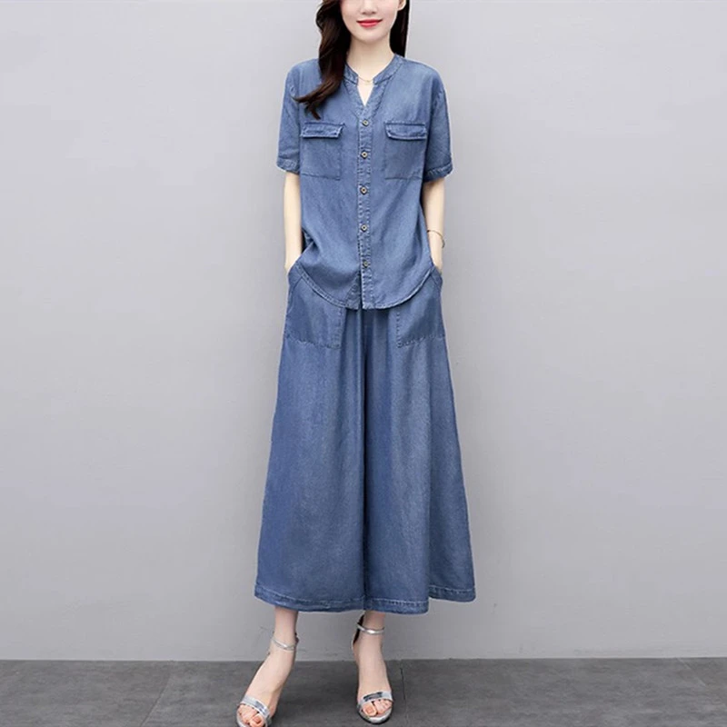 天丝牛仔套装夏季薄款宽松胖MM大码女装休闲中年妈妈装裙裤两件套