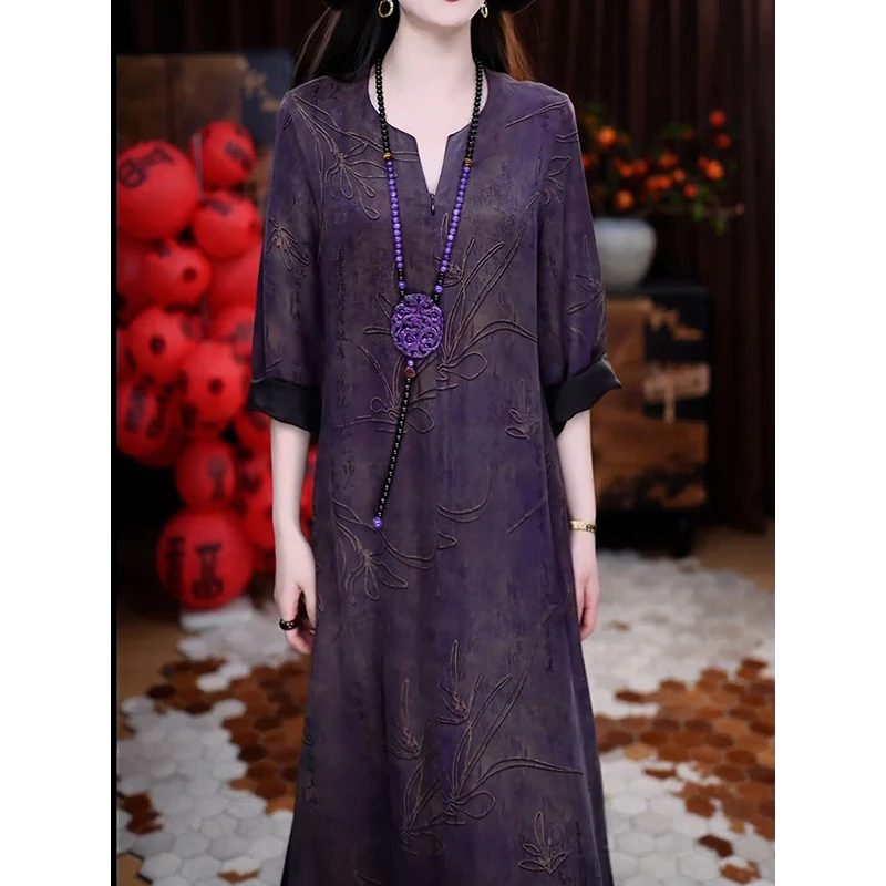 复古时尚优雅印花V领连衣裙宽松春季新款贵夫人减龄遮肉显瘦A字裙