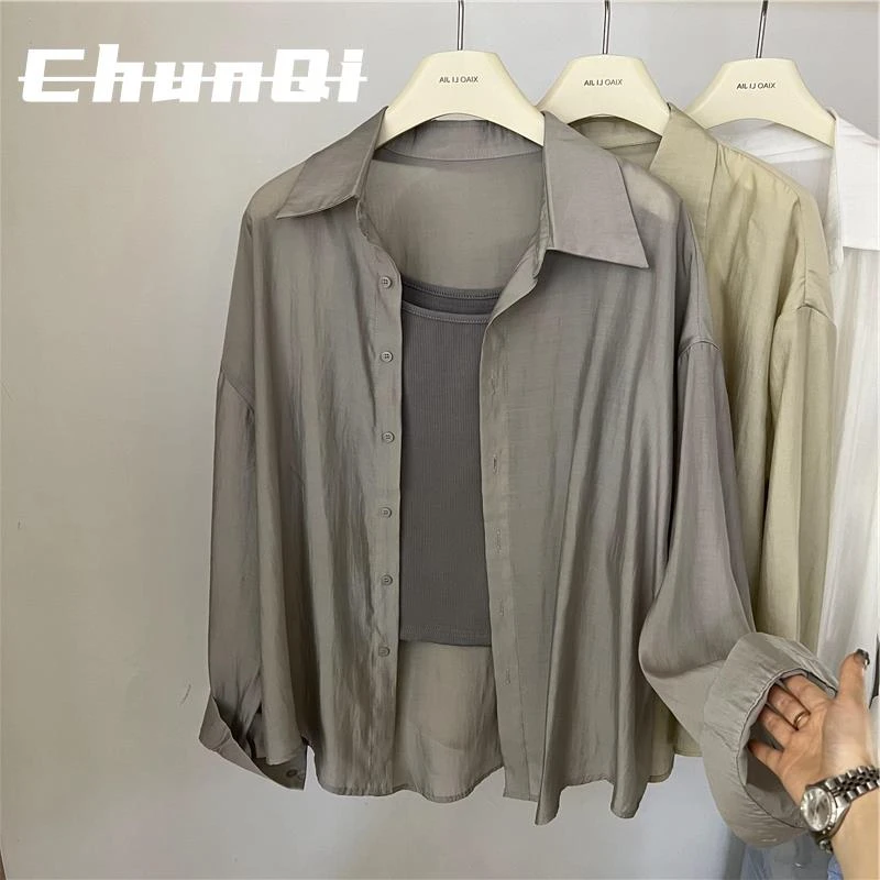 淳启法式灰色防晒衣衬衫女夏季轻薄透气宽松慵懒长袖外搭罩衫上衣