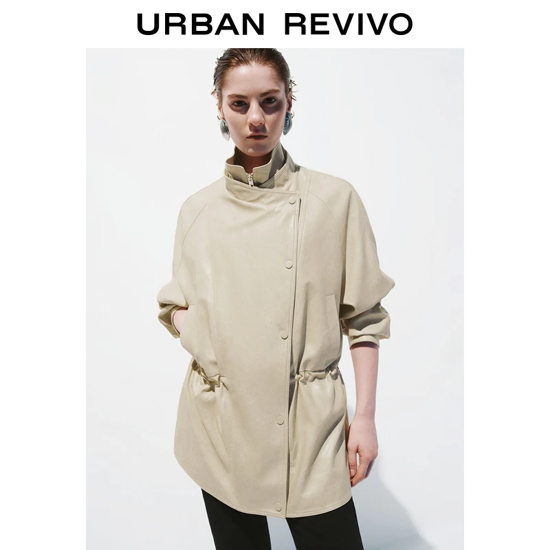 UR2025秋季新款女装潮流简约立领收腰皮质风衣UWJ150073
