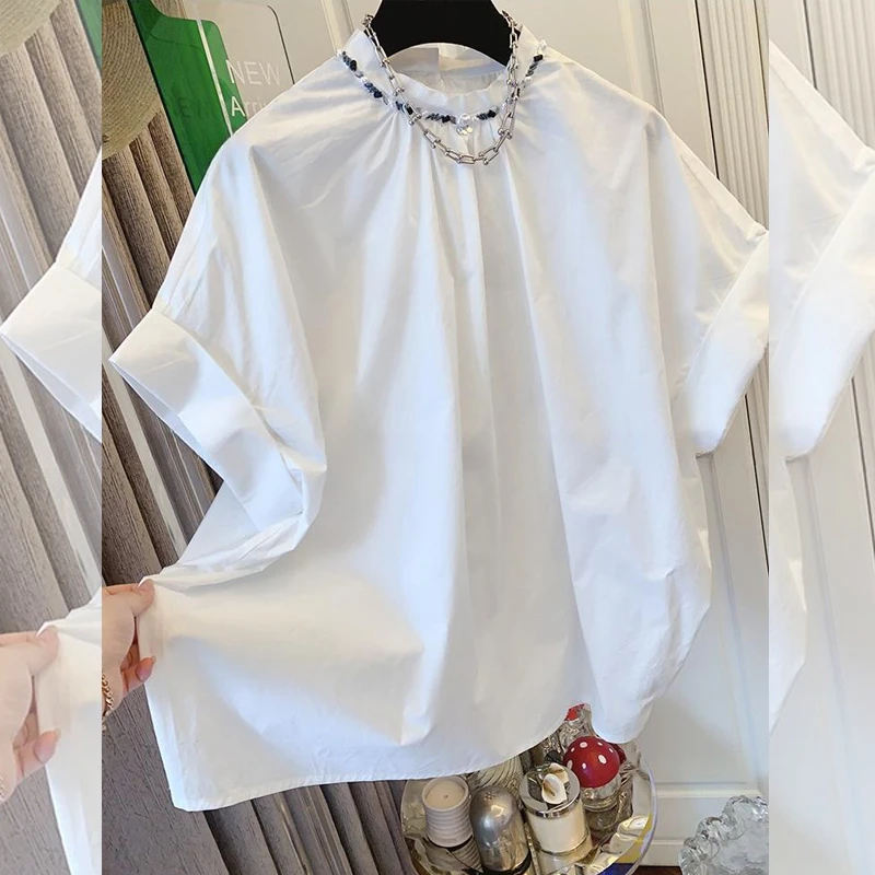 高级感法式钉珠领口大码短袖宽松衬衫宽松时尚夏季新款显瘦上衣女