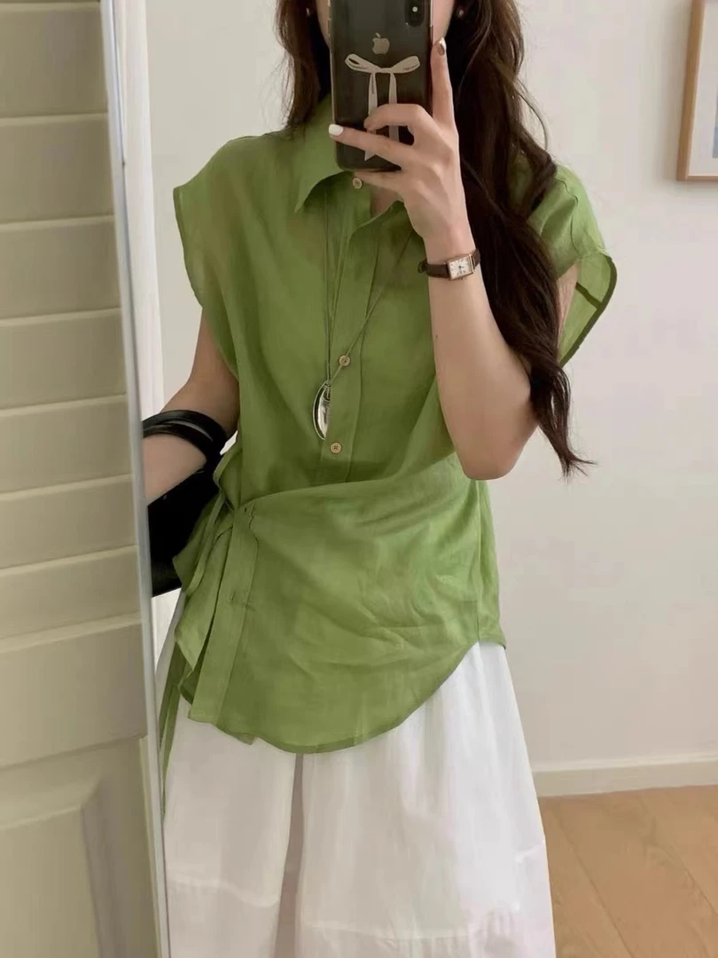 7336夏季新款韩版设计感绑带收腰衬衫