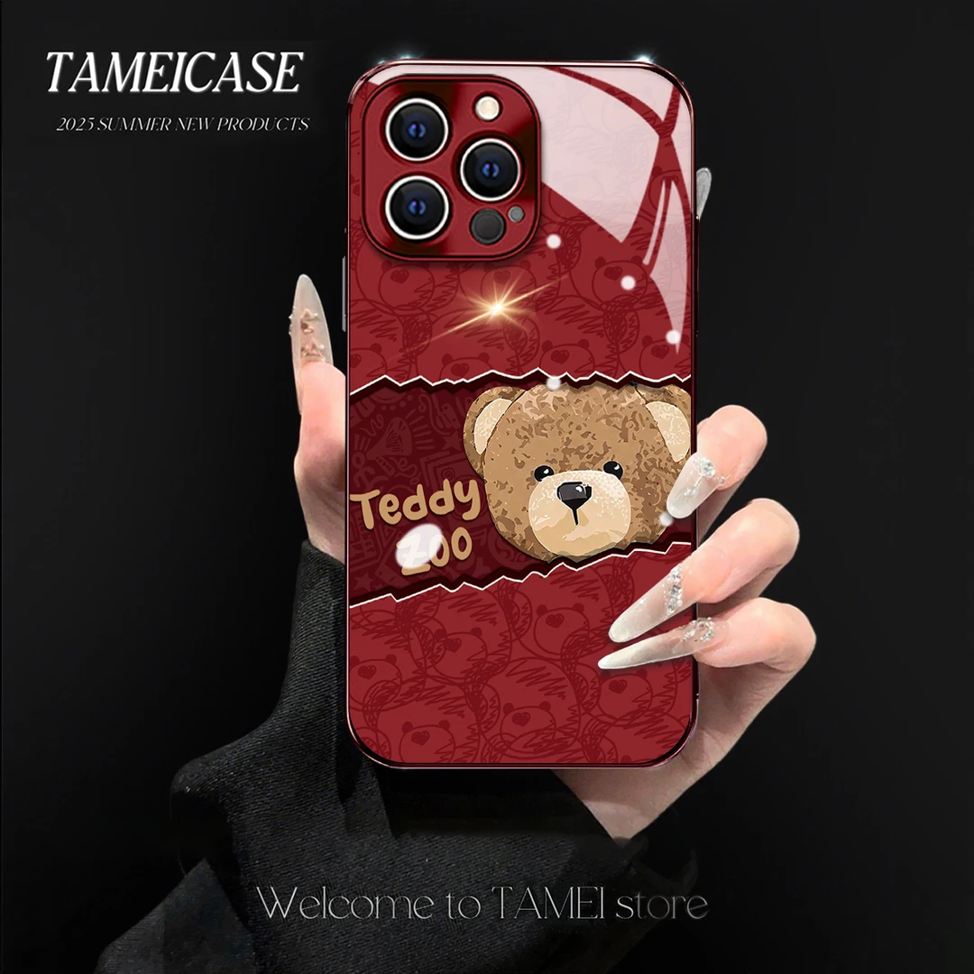 泰迪熊适用iPhone17苹果16华为vivoppo小米15电镀玻璃手机壳女