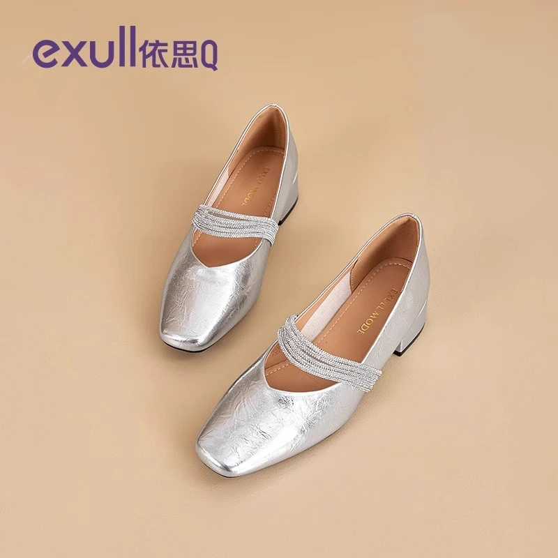 依思q银色单鞋女2025新款软底平底鞋粗跟高跟鞋配裙子玛丽珍女鞋