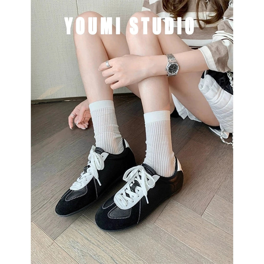 内增高系带拼色复古德训鞋女款2025秋季系带透气休闲运动阿甘板鞋