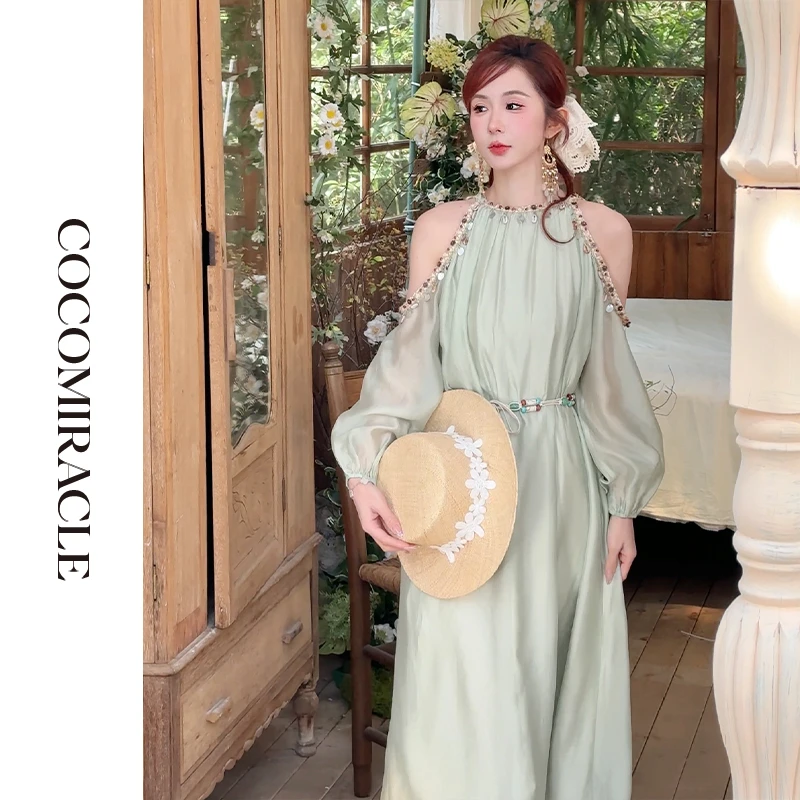 董小姐【异域画卷】新款气质贝壳花边露肩挂脖露肩连衣裙Q51LYQ8285