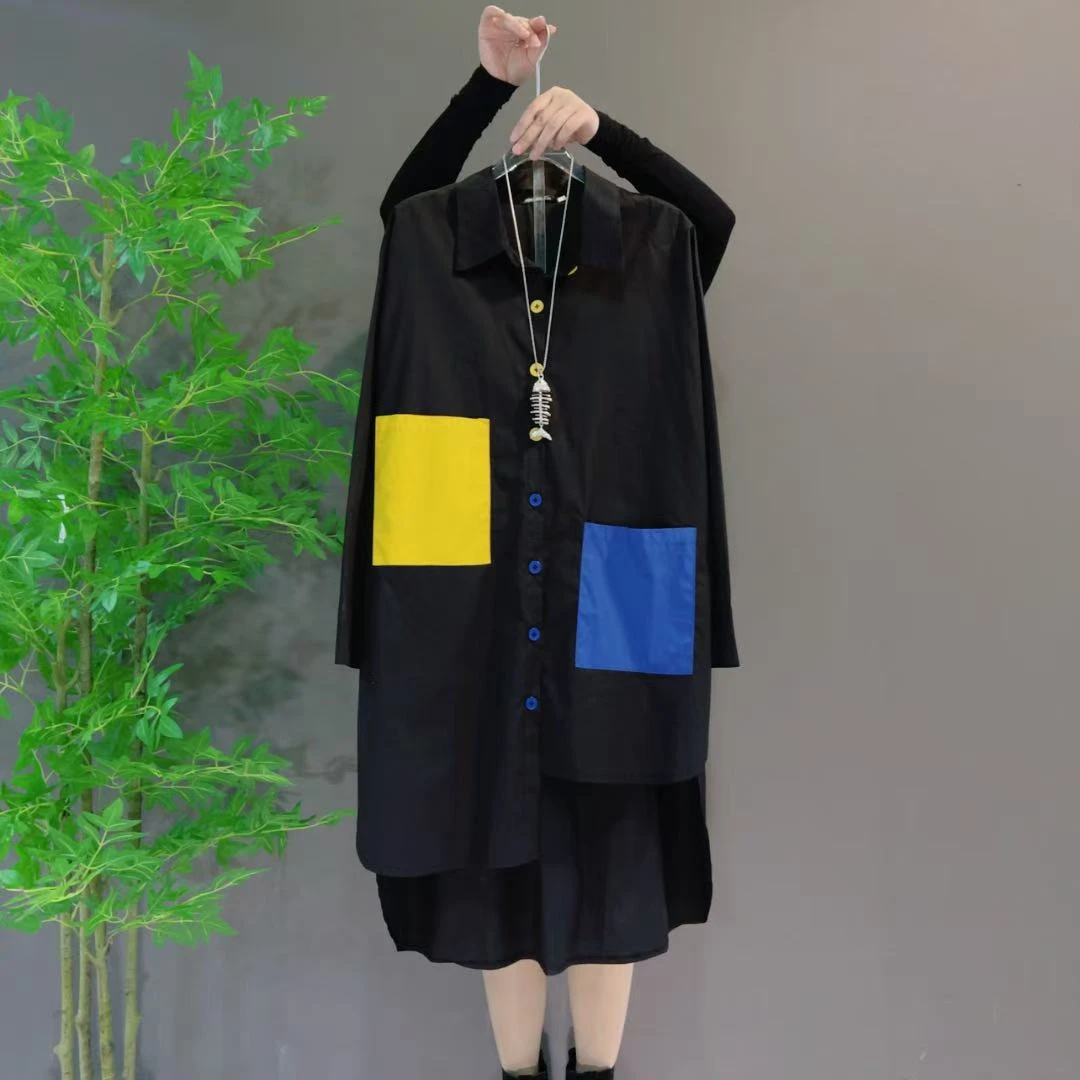 3399欧货不规则撞色口袋长袖衬衫裙大码女装宽松百搭简约连衣裙