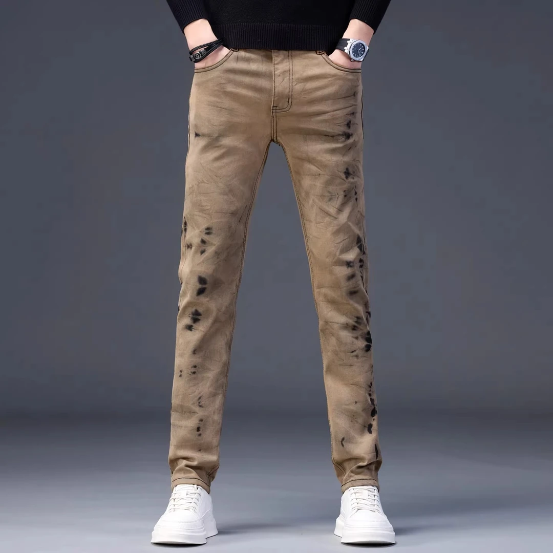 Cebrodz高端重磅撞色复古牛仔裤男修身小脚渐扎染时尚休闲长裤