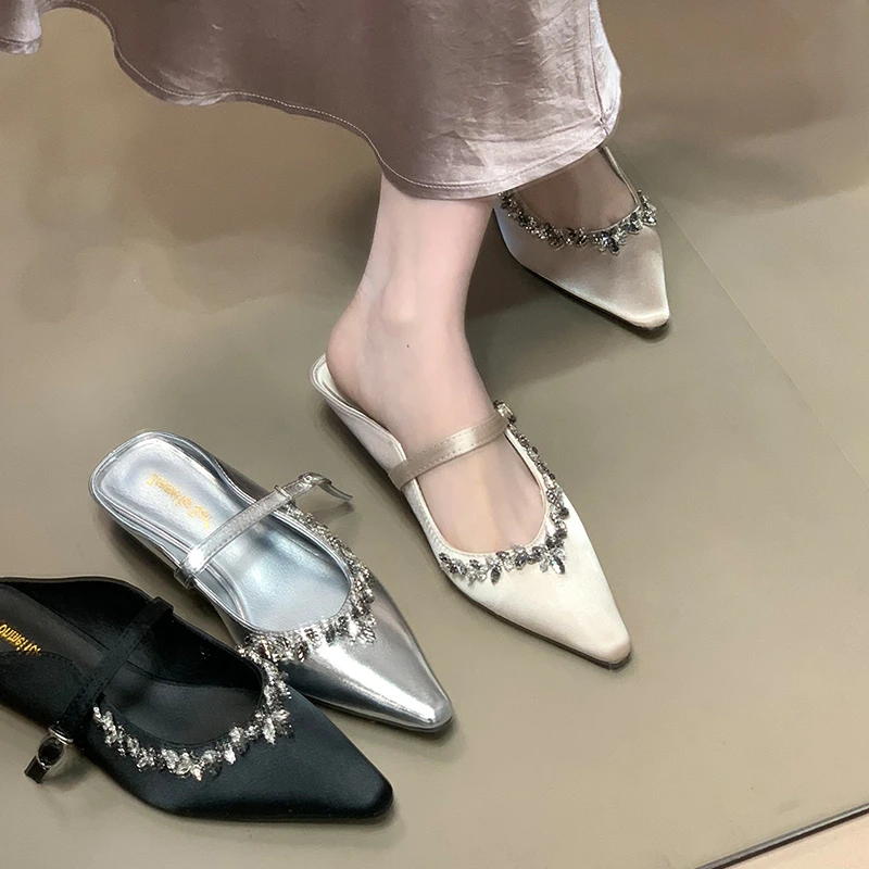 法式水钻一脚蹬包头半拖鞋夏季新款外穿气质银色低跟穆勒鞋