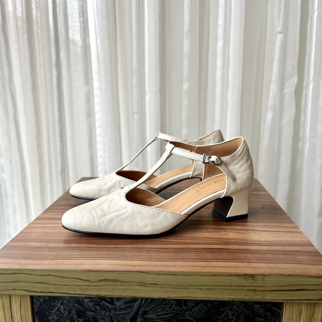 法式复古4cm玛丽珍凉鞋女T字扣带粗跟侧空高跟鞋真皮羊皮女鞋