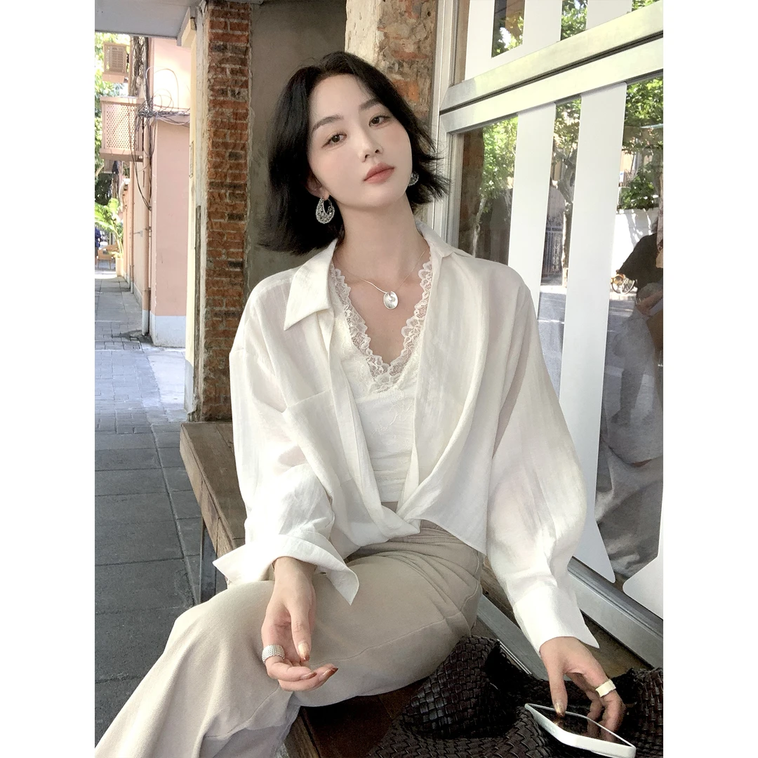 SYT自制 复古性感蕾丝拼接背心扭结衬衫两件套