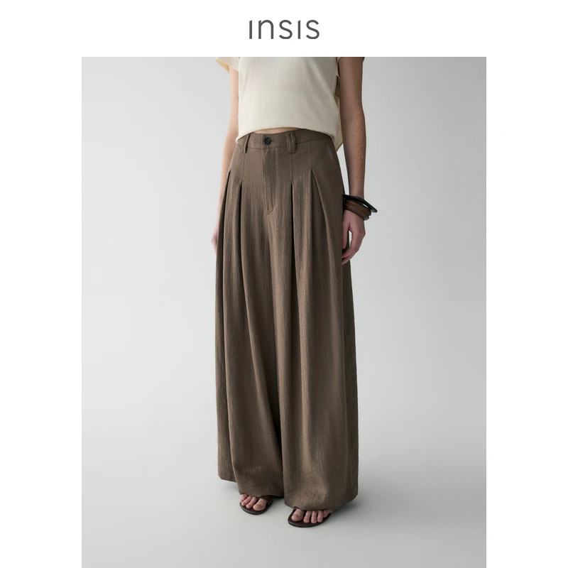 INSISFEMME天丝2025夏季新款简约文艺腰头双褶裥休闲阔腿长裤女
