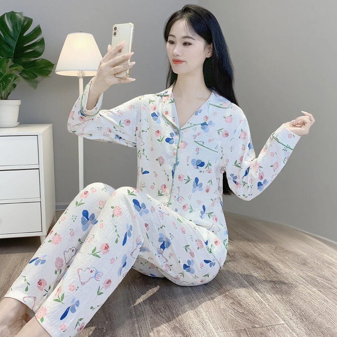 春秋季长袖睡衣女款2025新款不带胸垫云朵棉可外穿家居服套装Y170