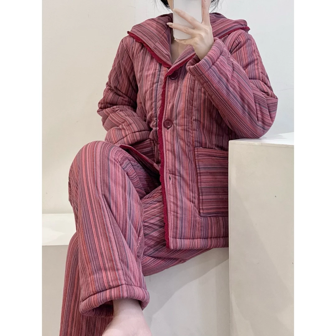 韩版条纹花边长袖夹棉睡衣女冬季加厚连帽棉服外套保暖家居服套装