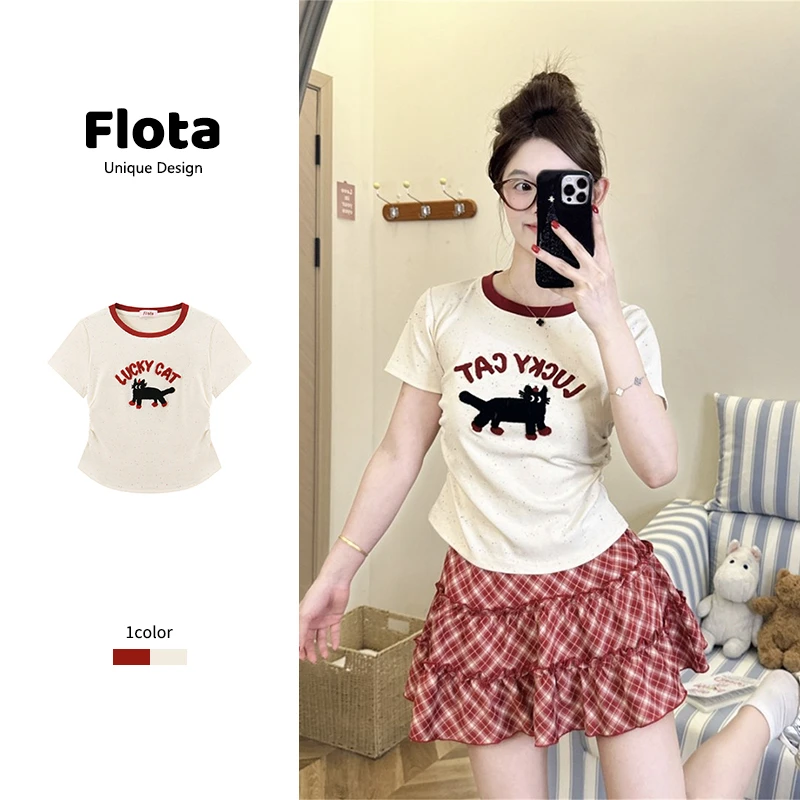 【flota】植绒猫咪字母拼色圆领短袖T恤夏季修身显瘦短款上衣女0843
