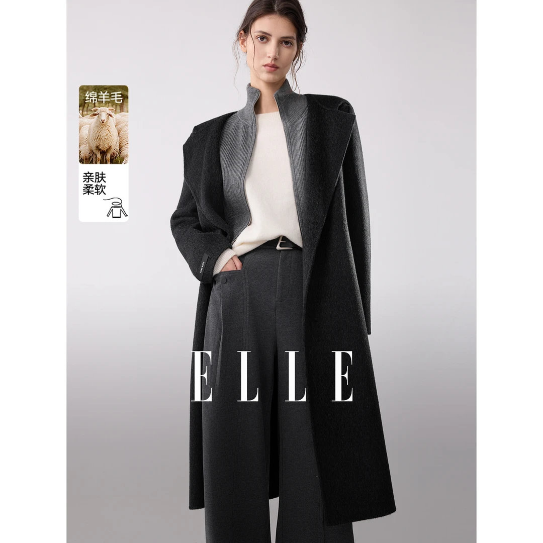 【100%绵羊毛】ELLE女装双面呢大衣2025冬新款毛呢外套EN52146