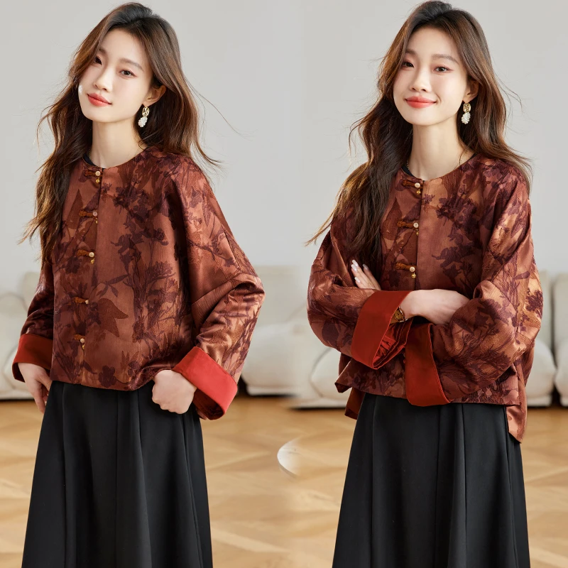 国风高端外套2025新款秋季竹叶提花复古盘扣大码宽松妈妈减龄上衣