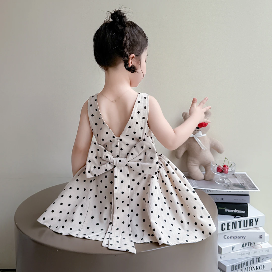 女童波点连衣裙夏季新款儿童法式公主裙韩版洋气宝宝蝴蝶结背心裙