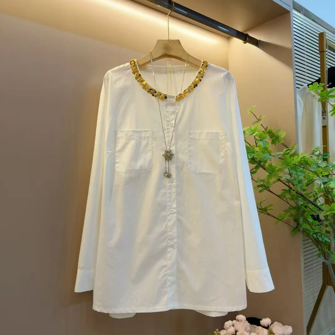 新款设计气质百搭重工圆领纯色休闲衬衫女款上衣(长68左右)