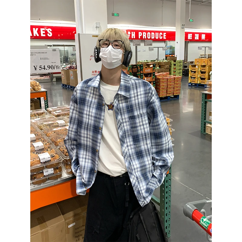 美式复古格子衬衫男款翻领上衣格子衫同情衬衫薄款宽松潮流情侣衫