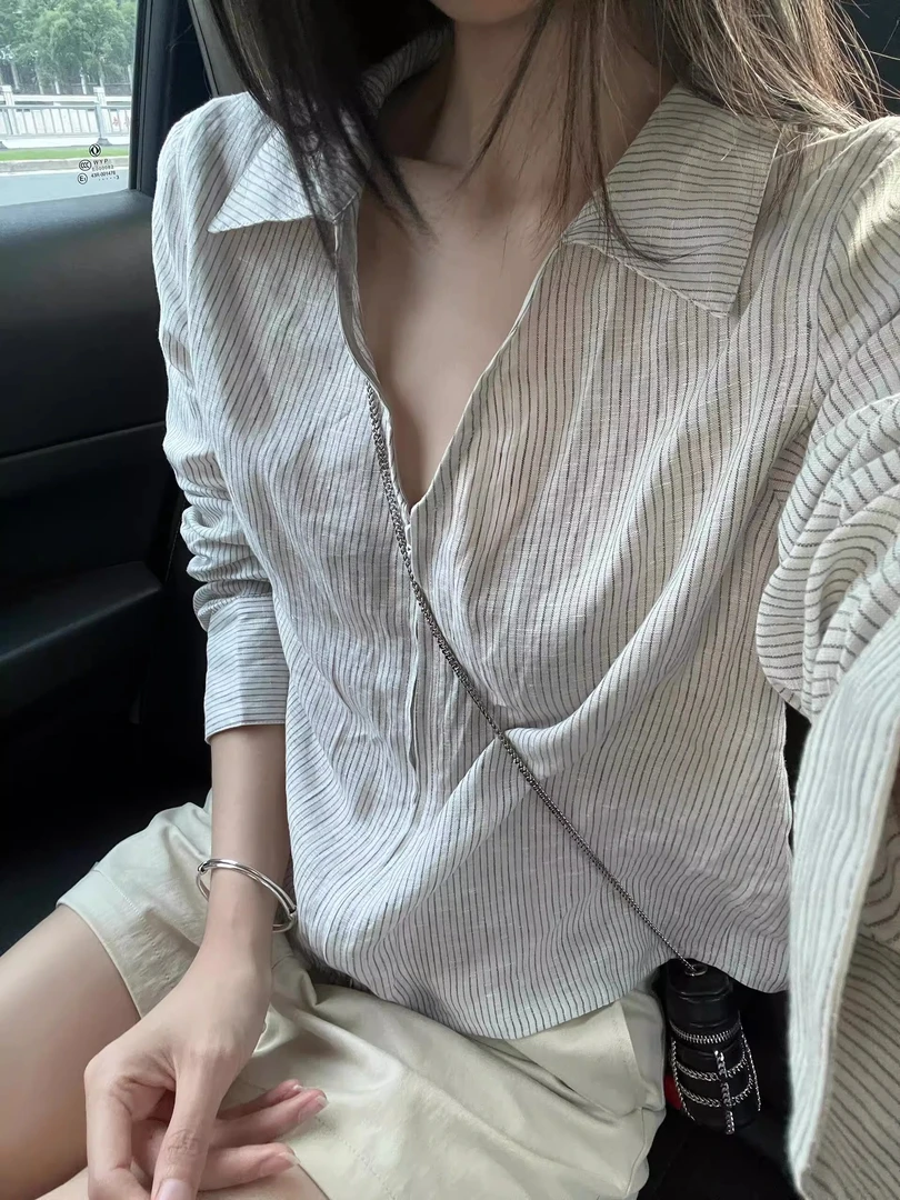 设计感拉链条纹翻领衬衫女夏季宽松气质衬衣小众薄款休闲开衫上衣